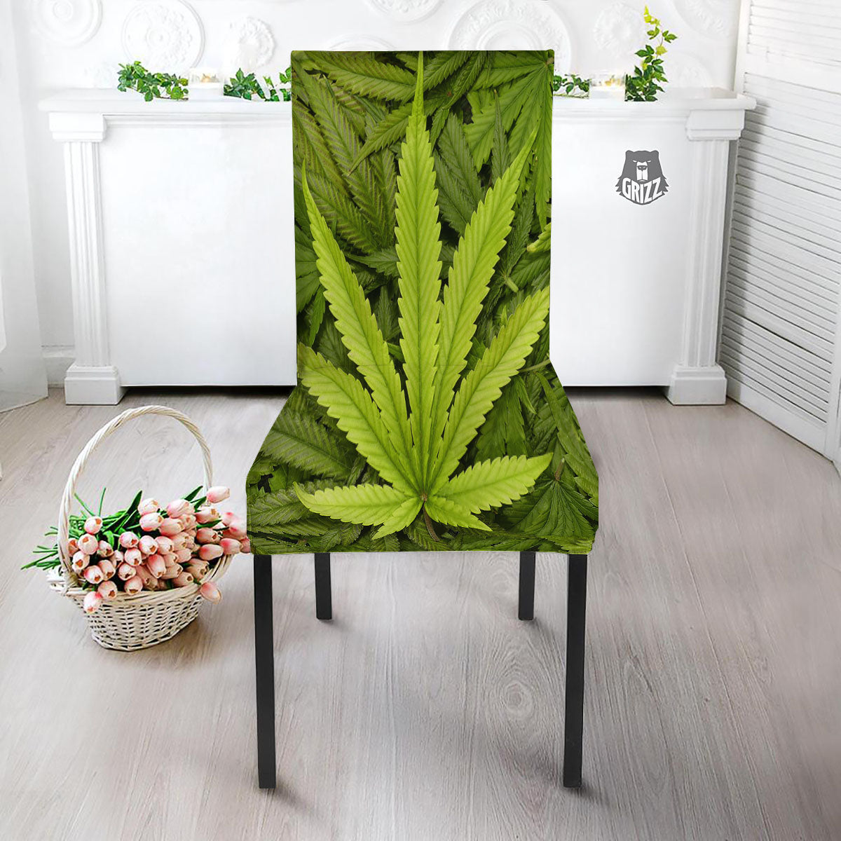 Pot Leaf Green Print Dining Chair Slipcover-grizzshop