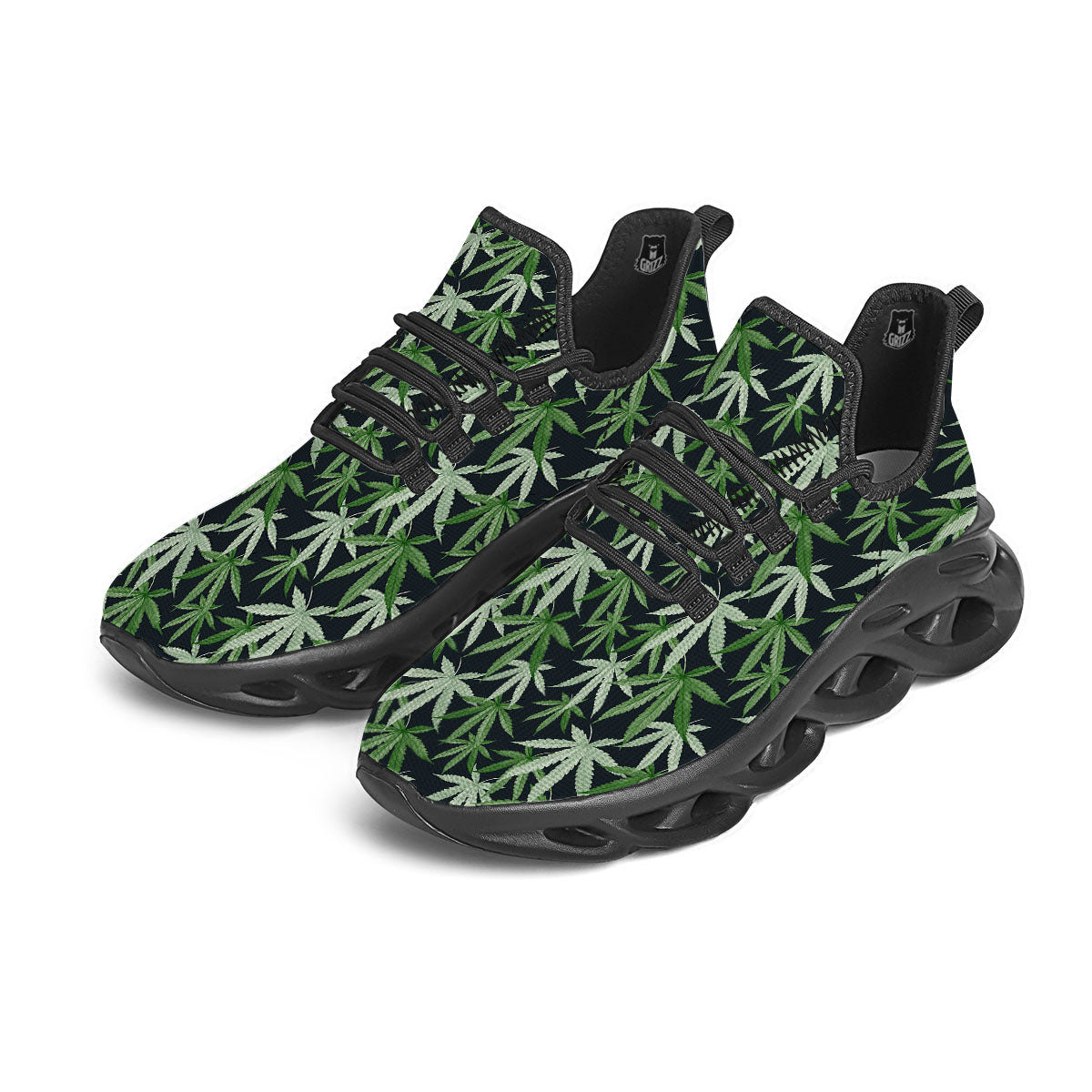 Pot Leaf Green Print Pattern Black Running Shoes-grizzshop