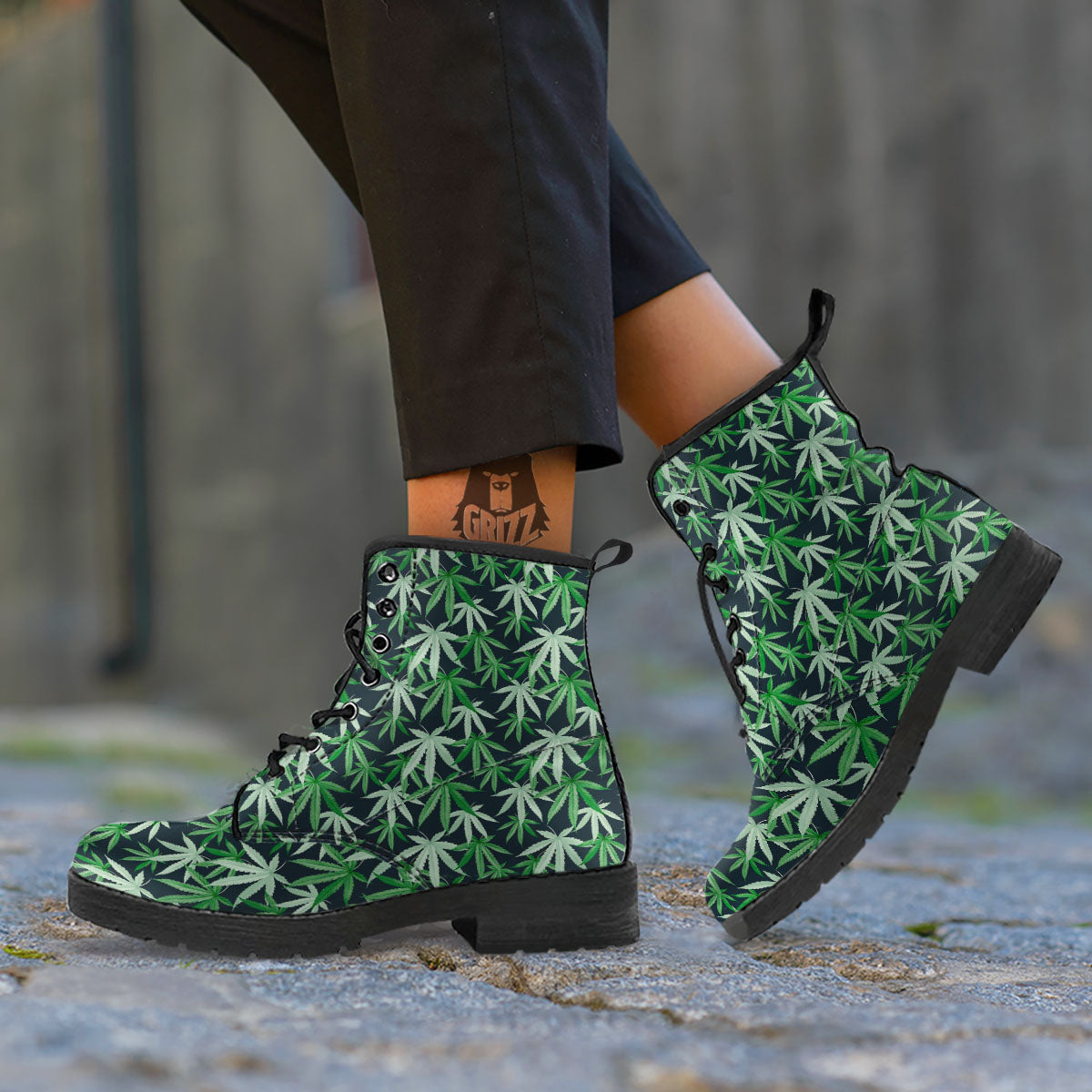 Pot Leaf Green Print Pattern Leather Boots-grizzshop