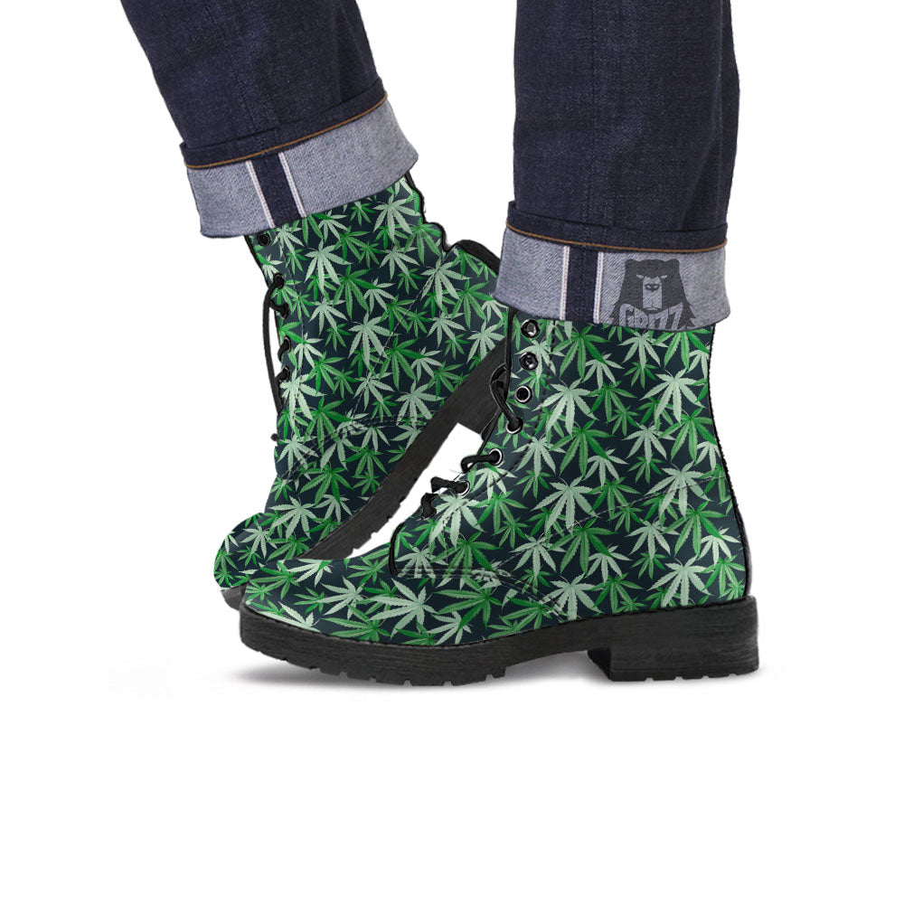 Pot Leaf Green Print Pattern Leather Boots-grizzshop