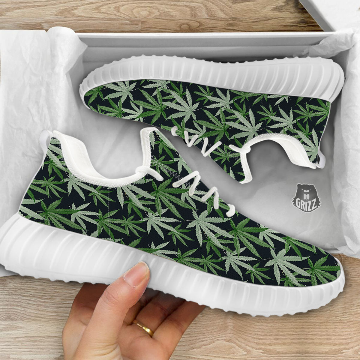 Pot Leaf Green Print Pattern White Walking Shoes-grizzshop