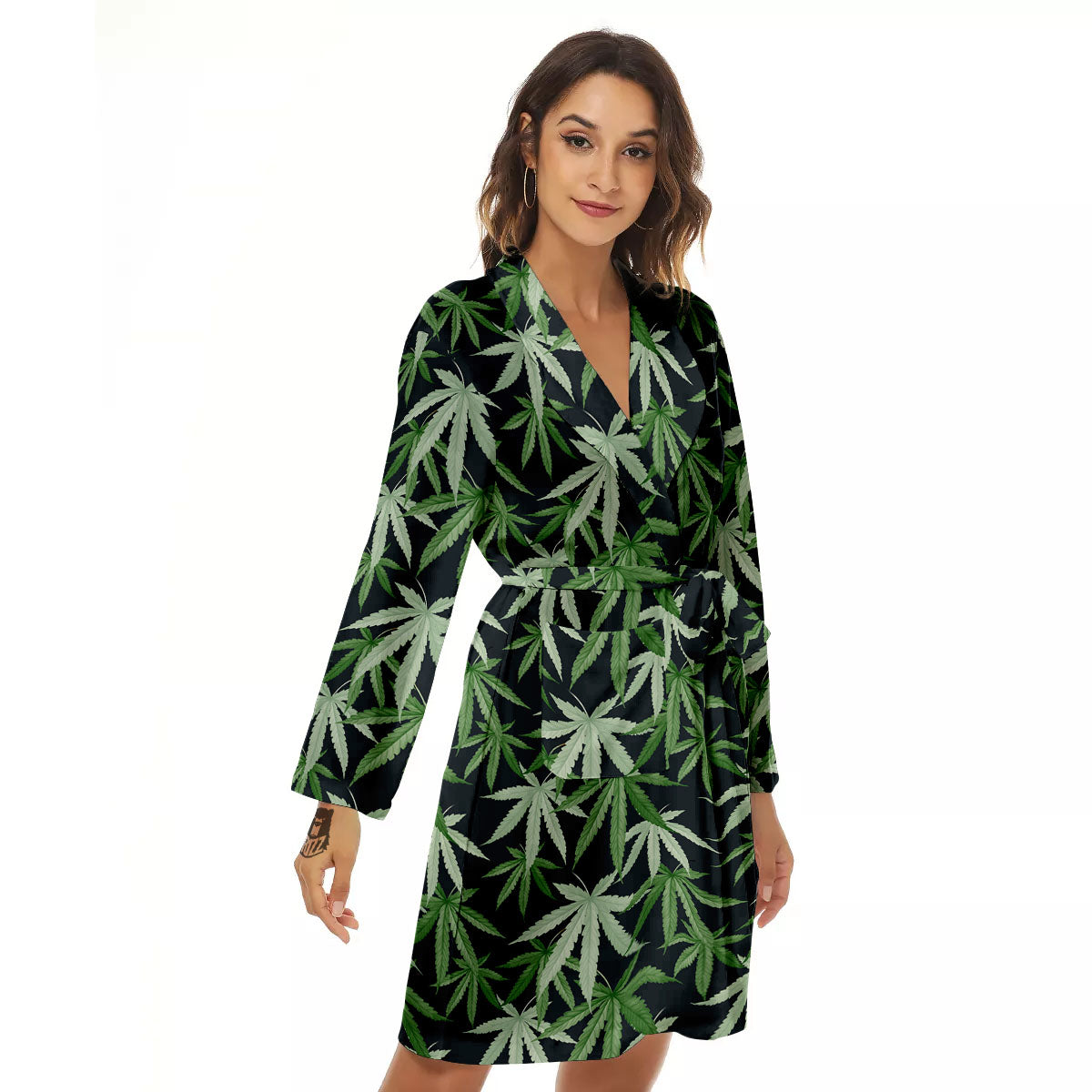 Pot Leaf Green Print Pattern Women's Robe-grizzshop