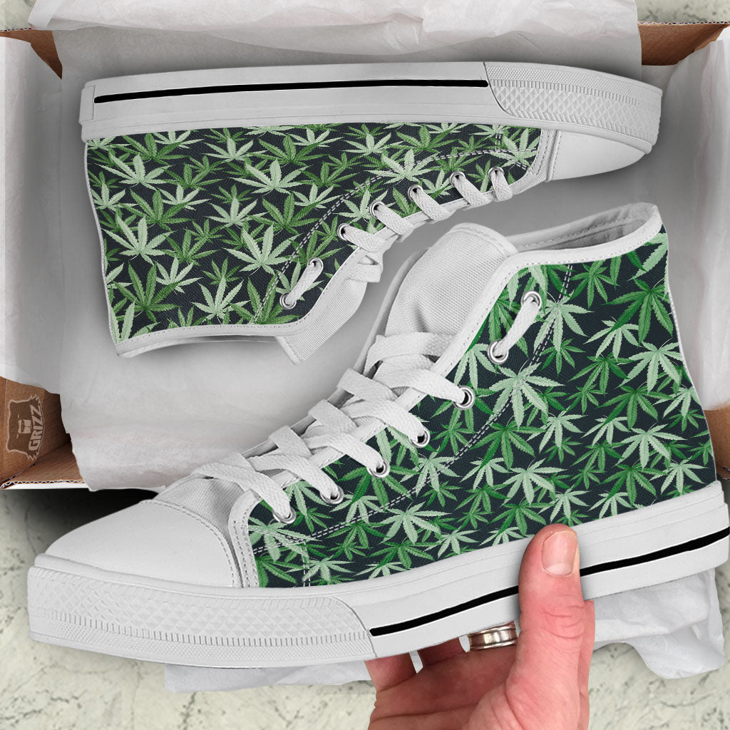 Pot Leaf Green Print White High Top Shoes-grizzshop