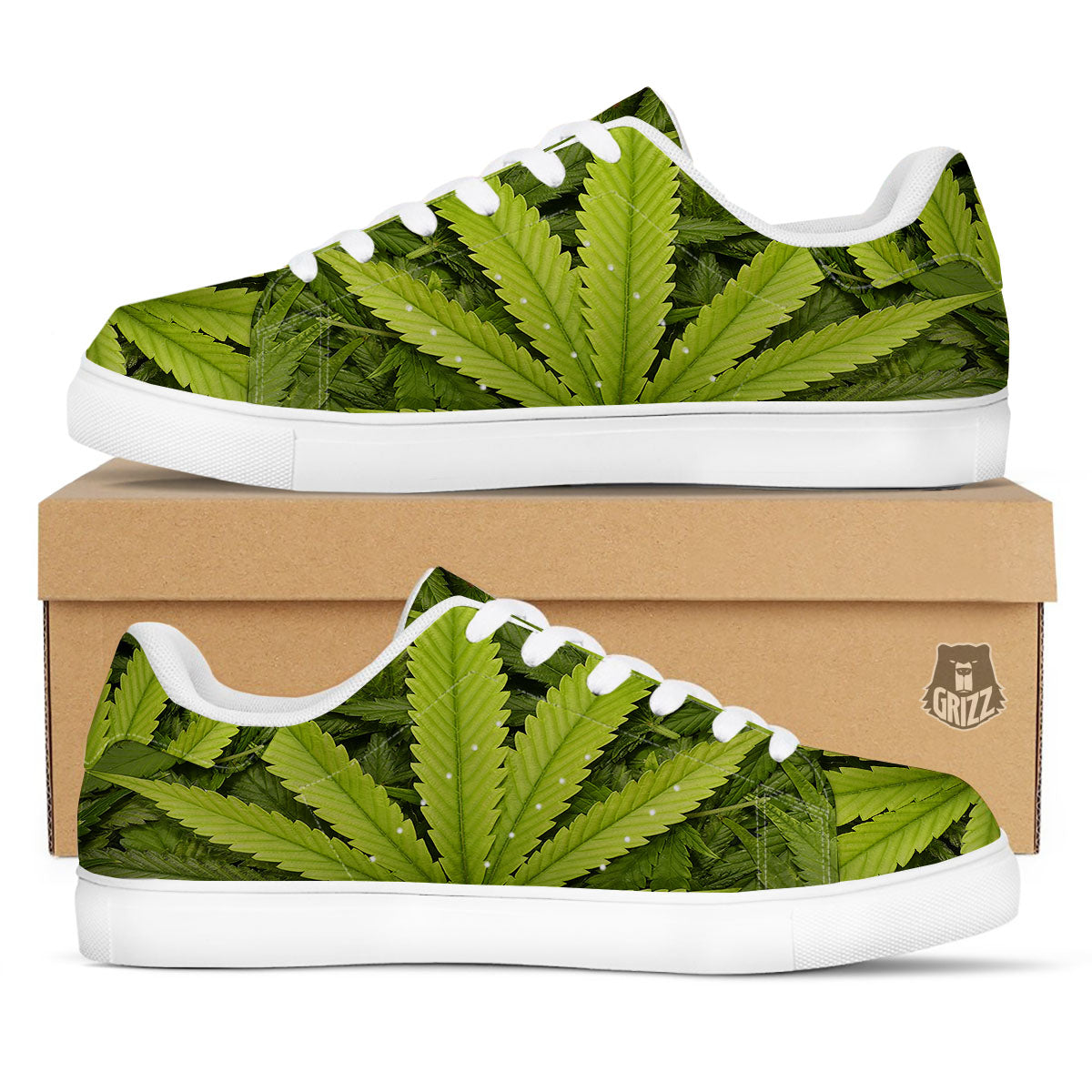 Pot Leaf Green Print White Low Top Sneakers-grizzshop