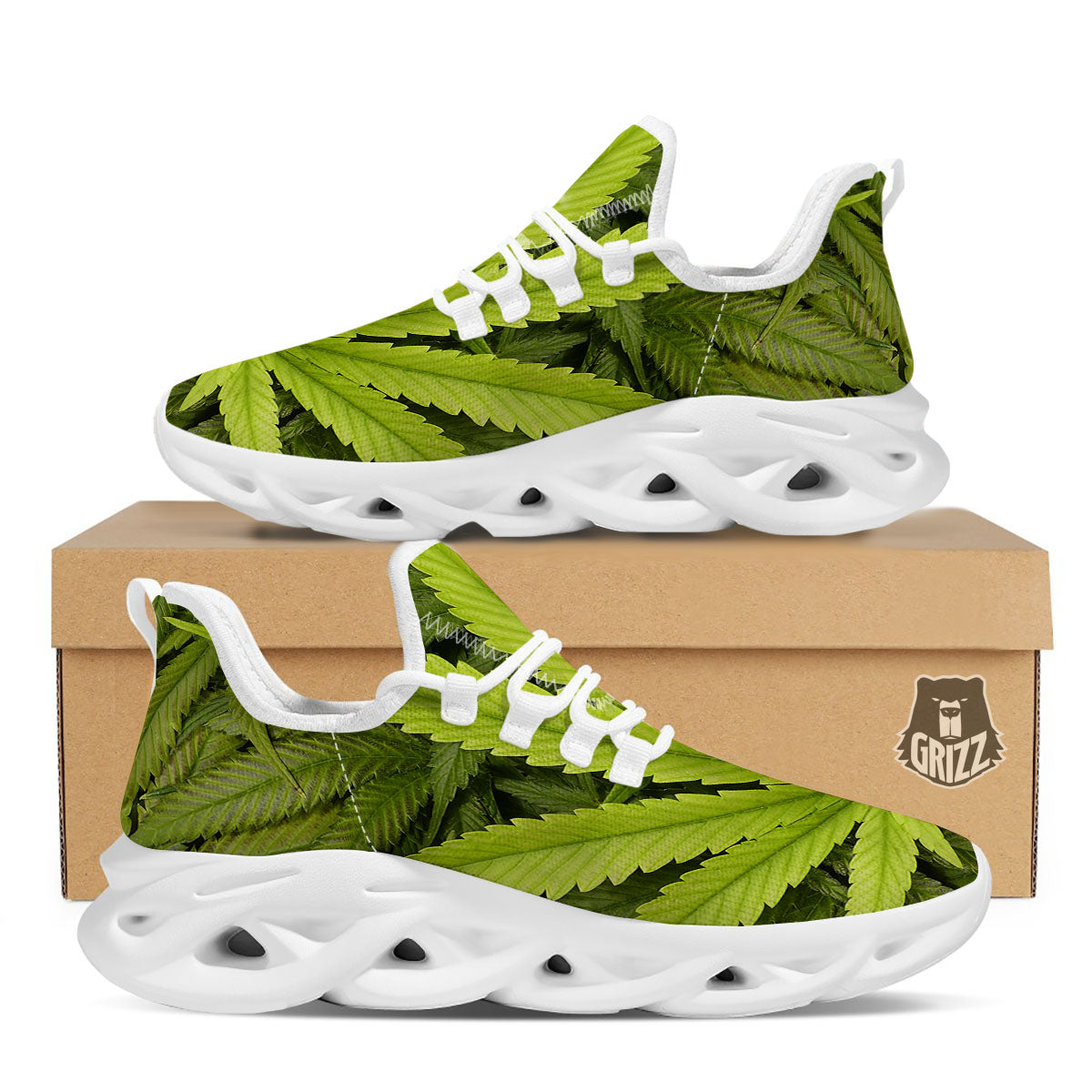 Pot Leaf Green Print White Running Shoes-grizzshop