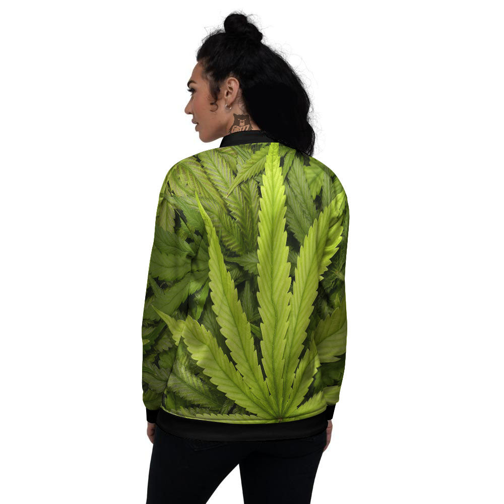 Pot Leaf Green Print Women's Bomber Jacket-grizzshop