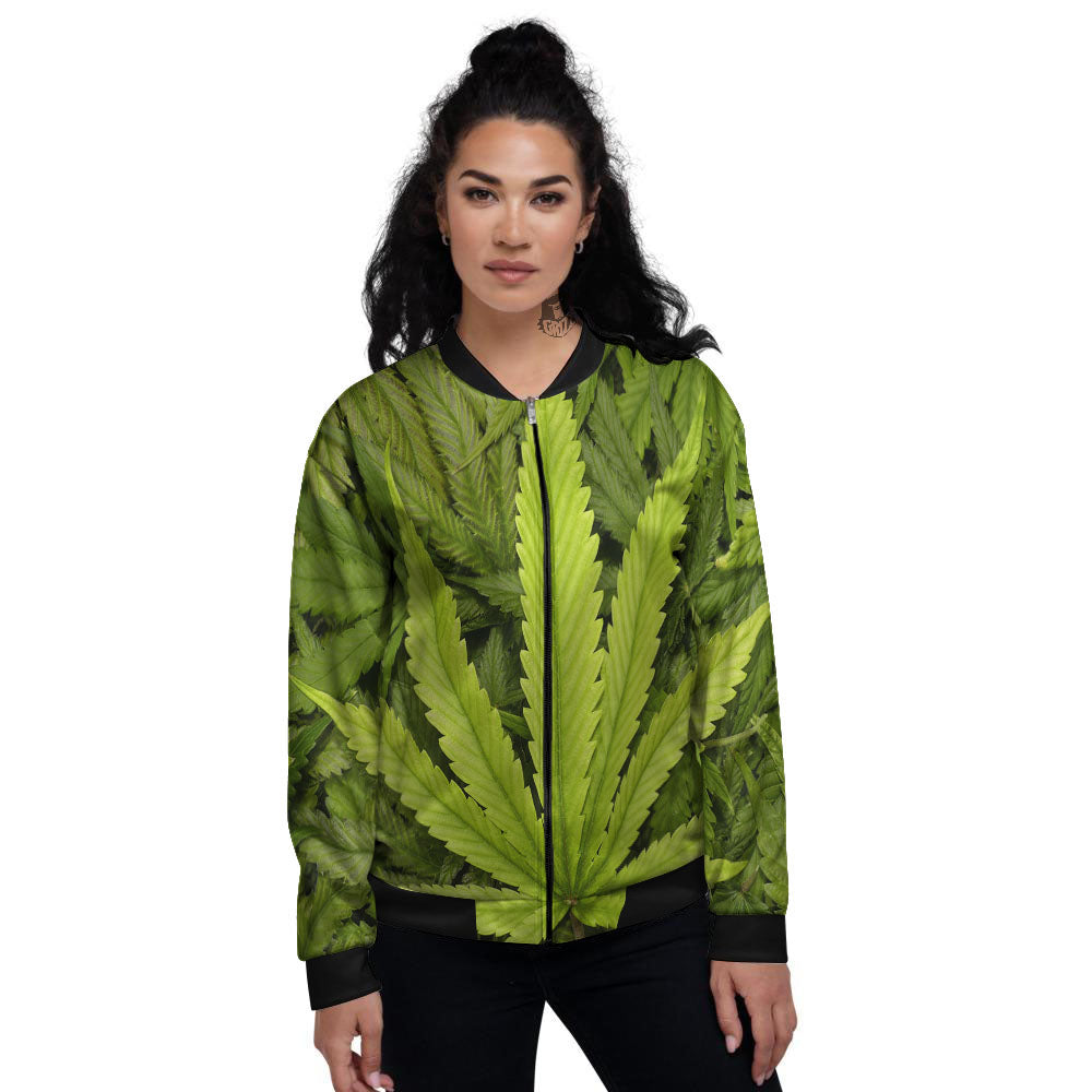 Pot Leaf Green Print Women's Bomber Jacket-grizzshop