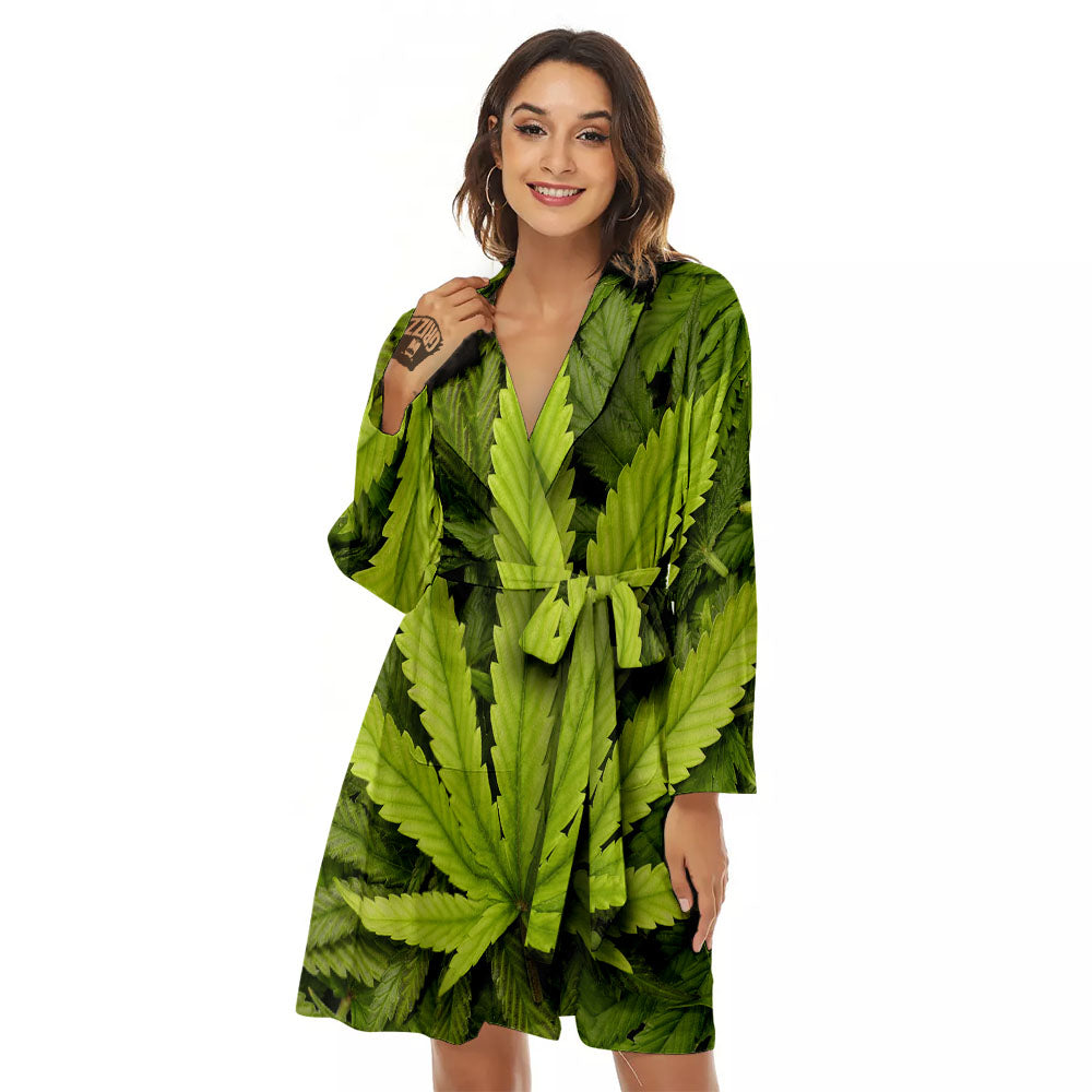 Pot Leaf Green Print Women's Robe-grizzshop