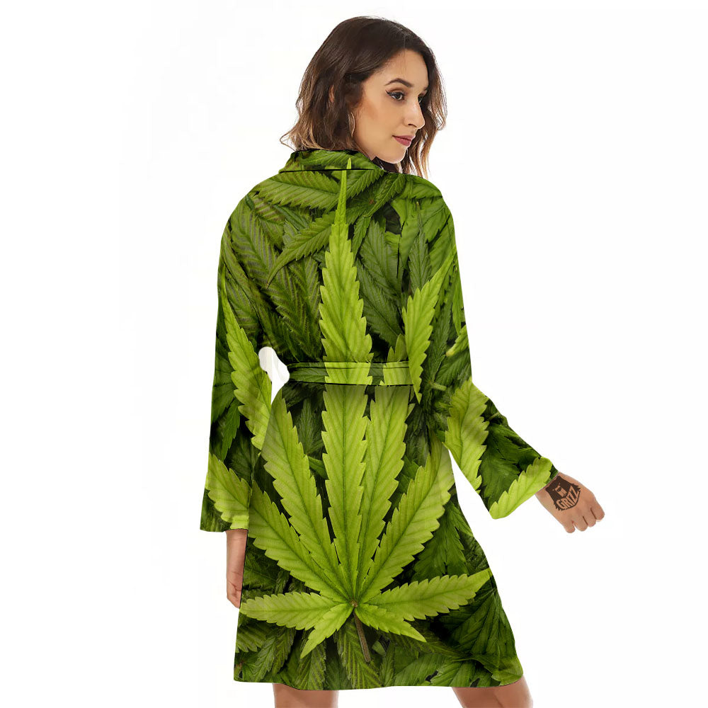 Pot Leaf Green Print Women's Robe-grizzshop
