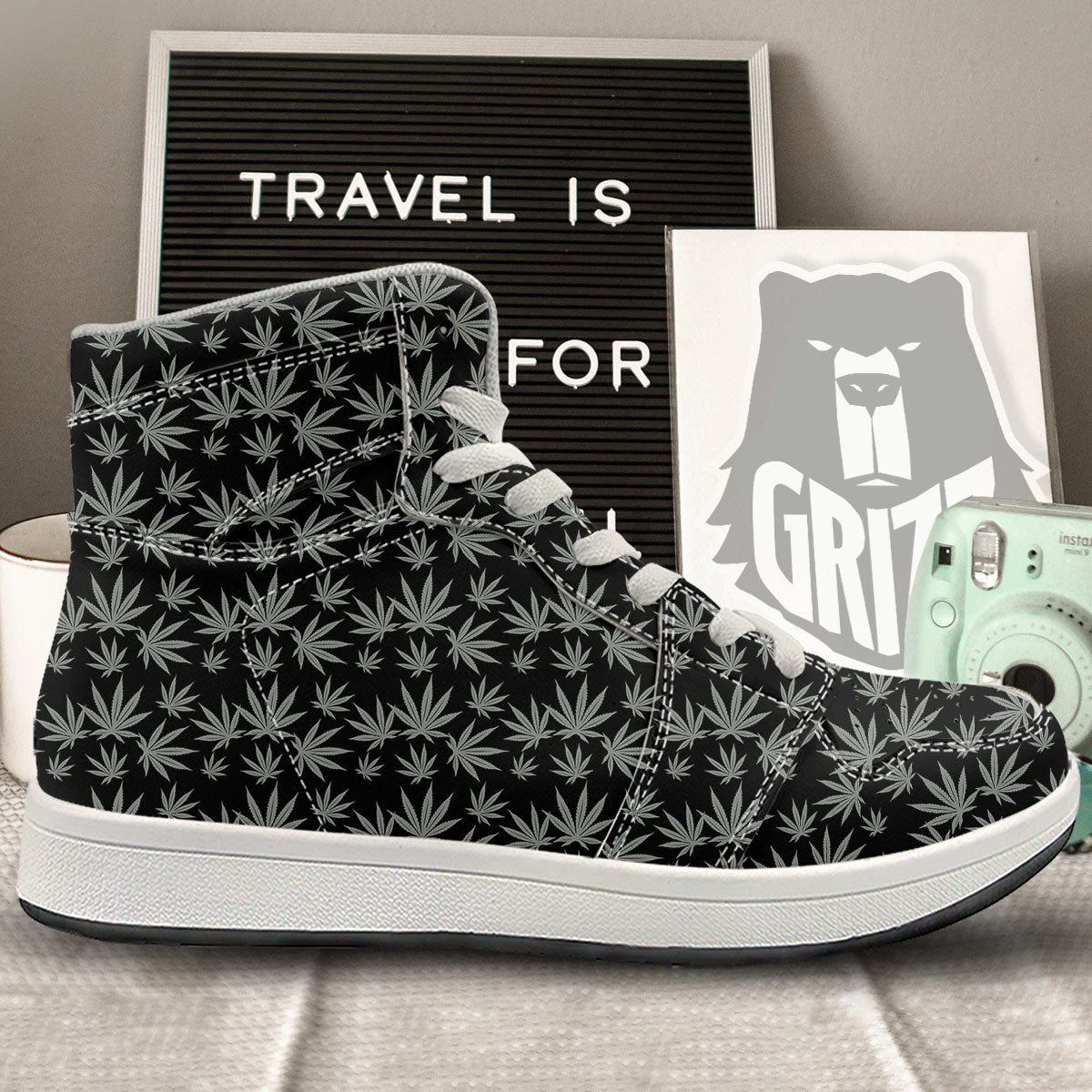 Pot Leaf Grey And Black Print Pattern High Top Sneakers-grizzshop