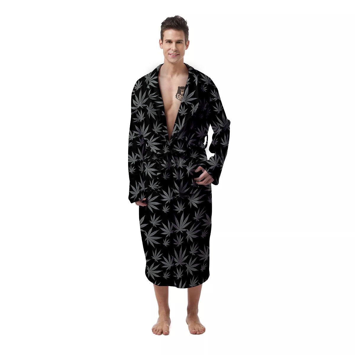 Pot Leaf Grey And Black Print Pattern Men's Robe-grizzshop