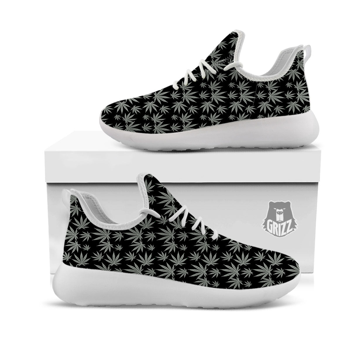 Pot Leaf Grey And Black Print Pattern White Athletic Shoes-grizzshop