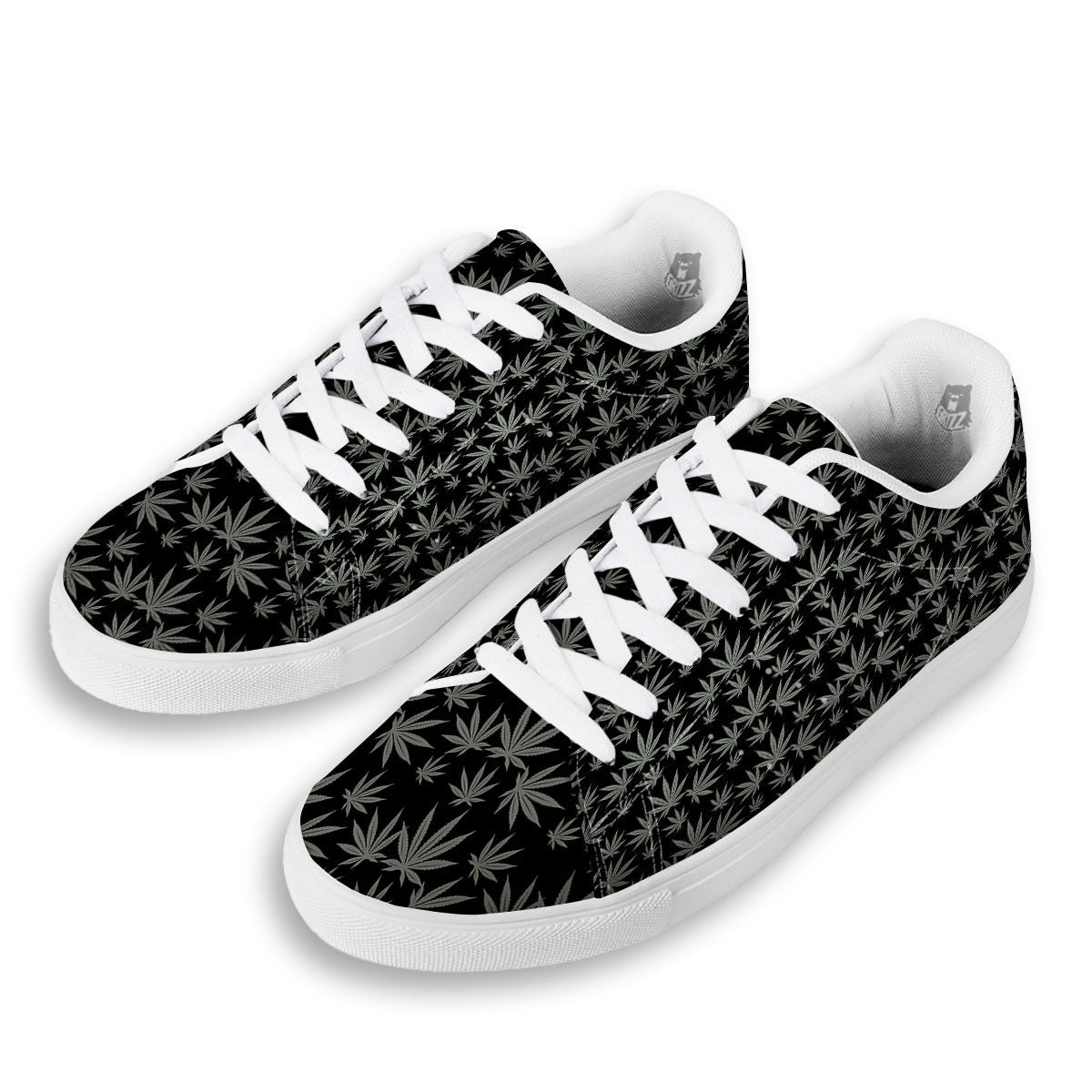 Pot Leaf Grey And Black Print Pattern White Low Top Sneakers-grizzshop