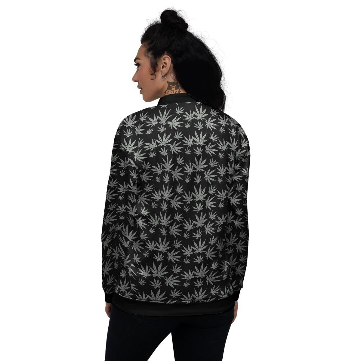 Pot Leaf Grey And Black Print Pattern Women's Bomber Jacket-grizzshop