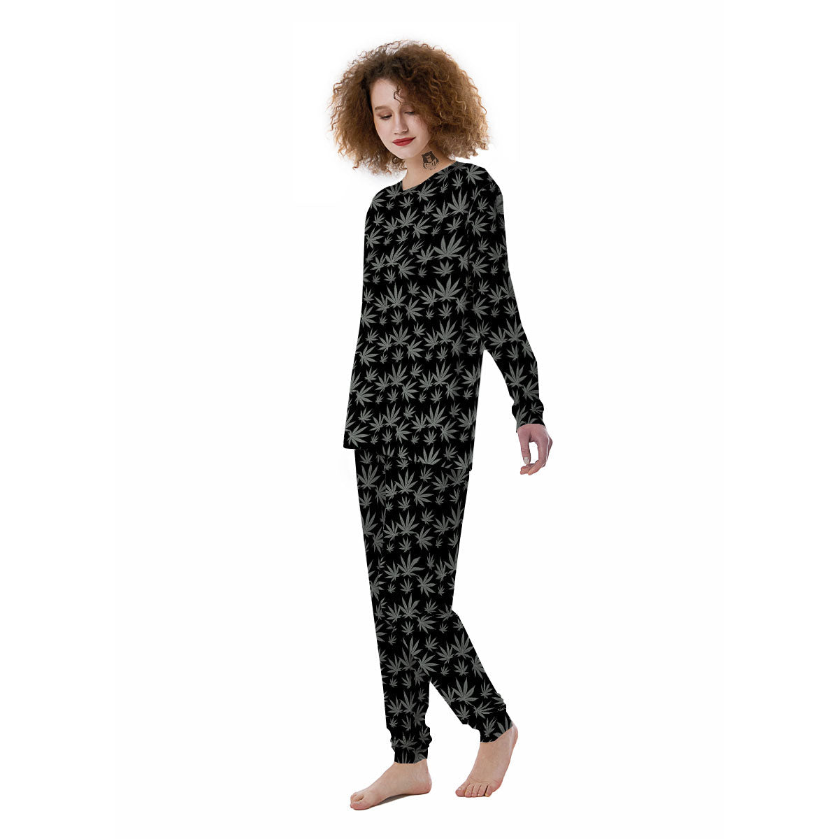Pot Leaf Grey And Black Print Pattern Women's Pajamas-grizzshop