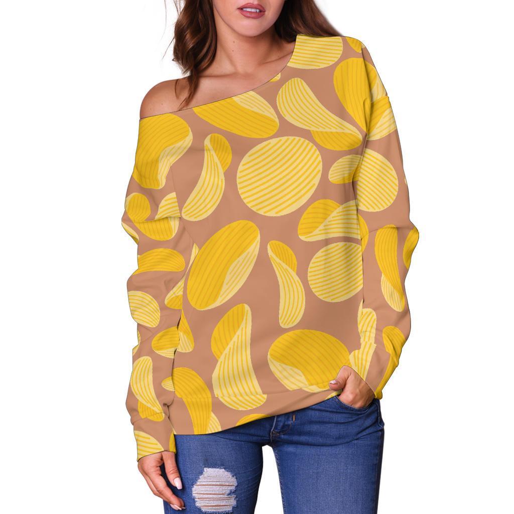 Potato Chip Pattern Print Women Off Shoulder Sweatshirt-grizzshop