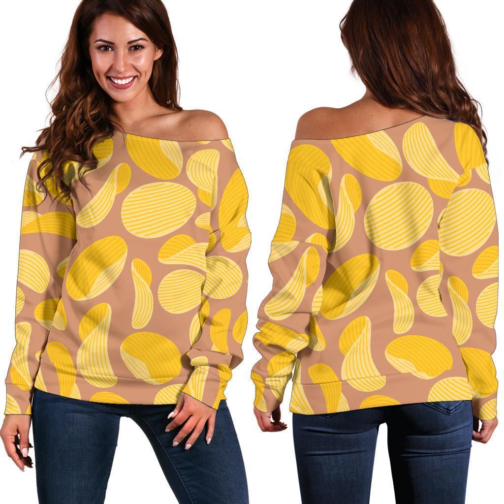 Potato Chip Pattern Print Women Off Shoulder Sweatshirt-grizzshop