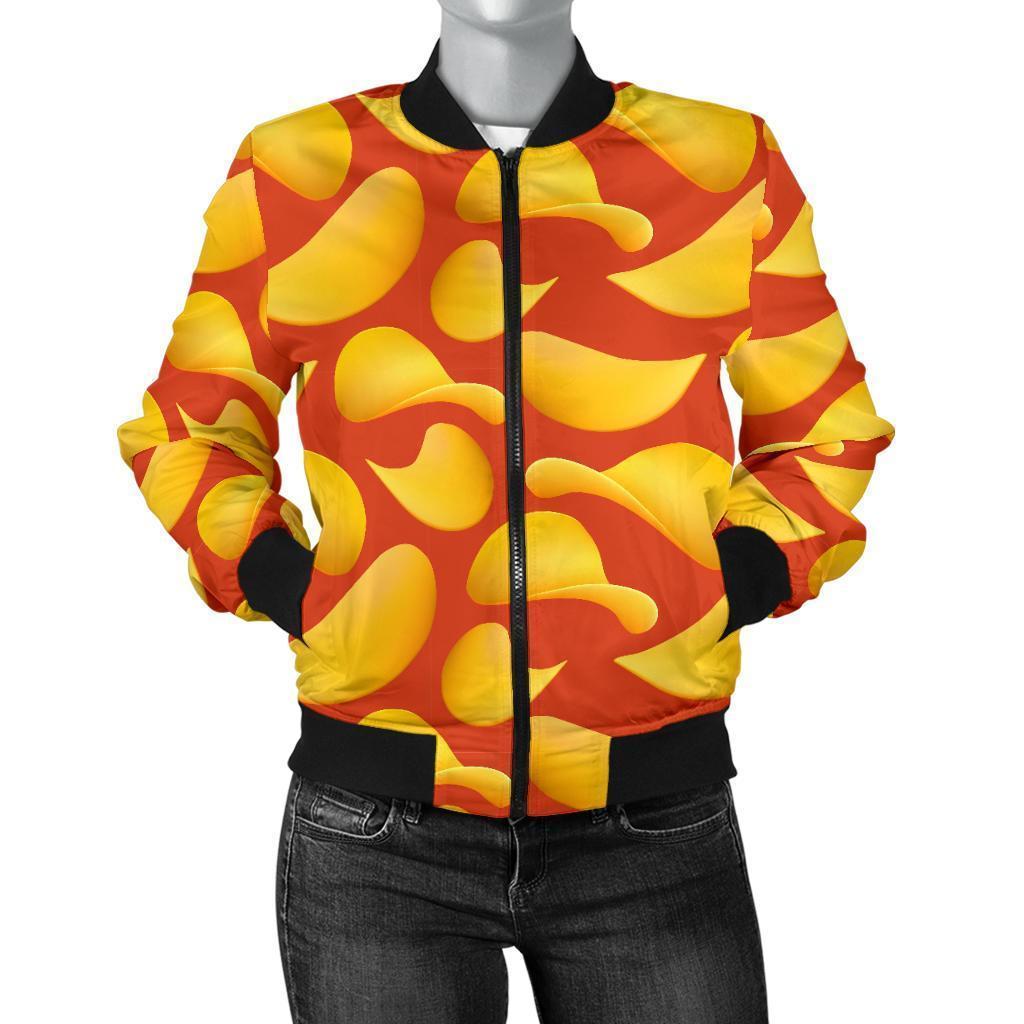 Potato Chip Print Pattern Women Casual Bomber Jacket-grizzshop