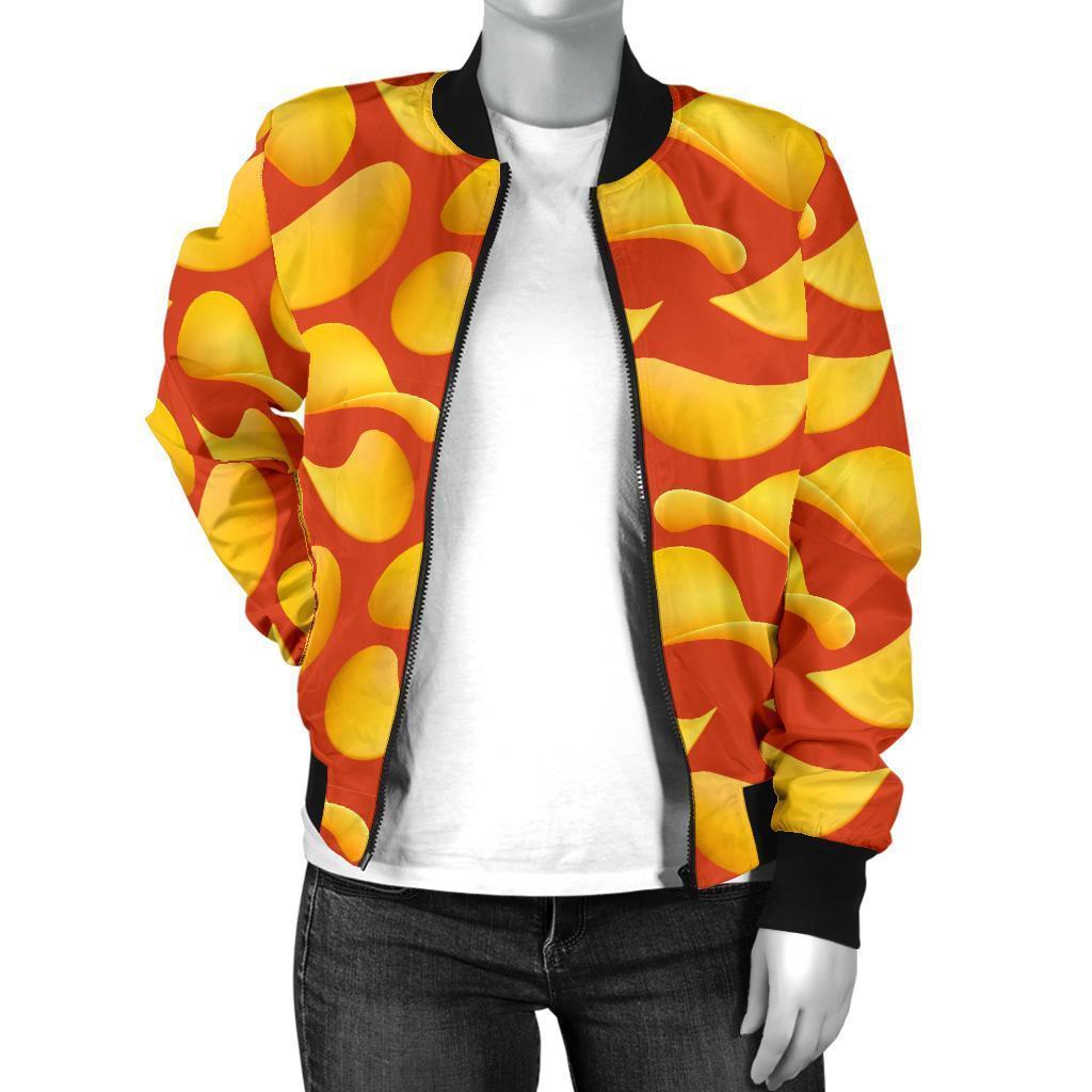 Potato Chip Print Pattern Women Casual Bomber Jacket-grizzshop