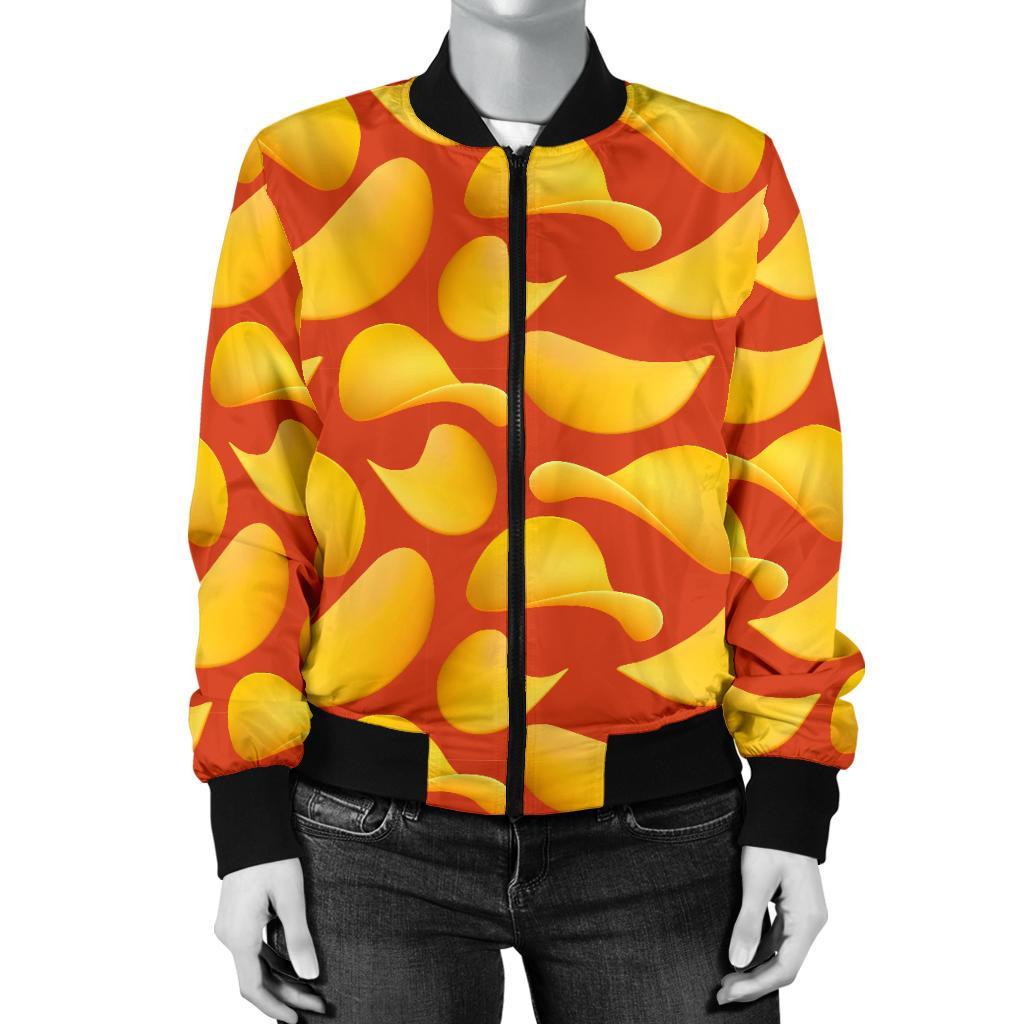 Potato Chip Print Pattern Women Casual Bomber Jacket-grizzshop