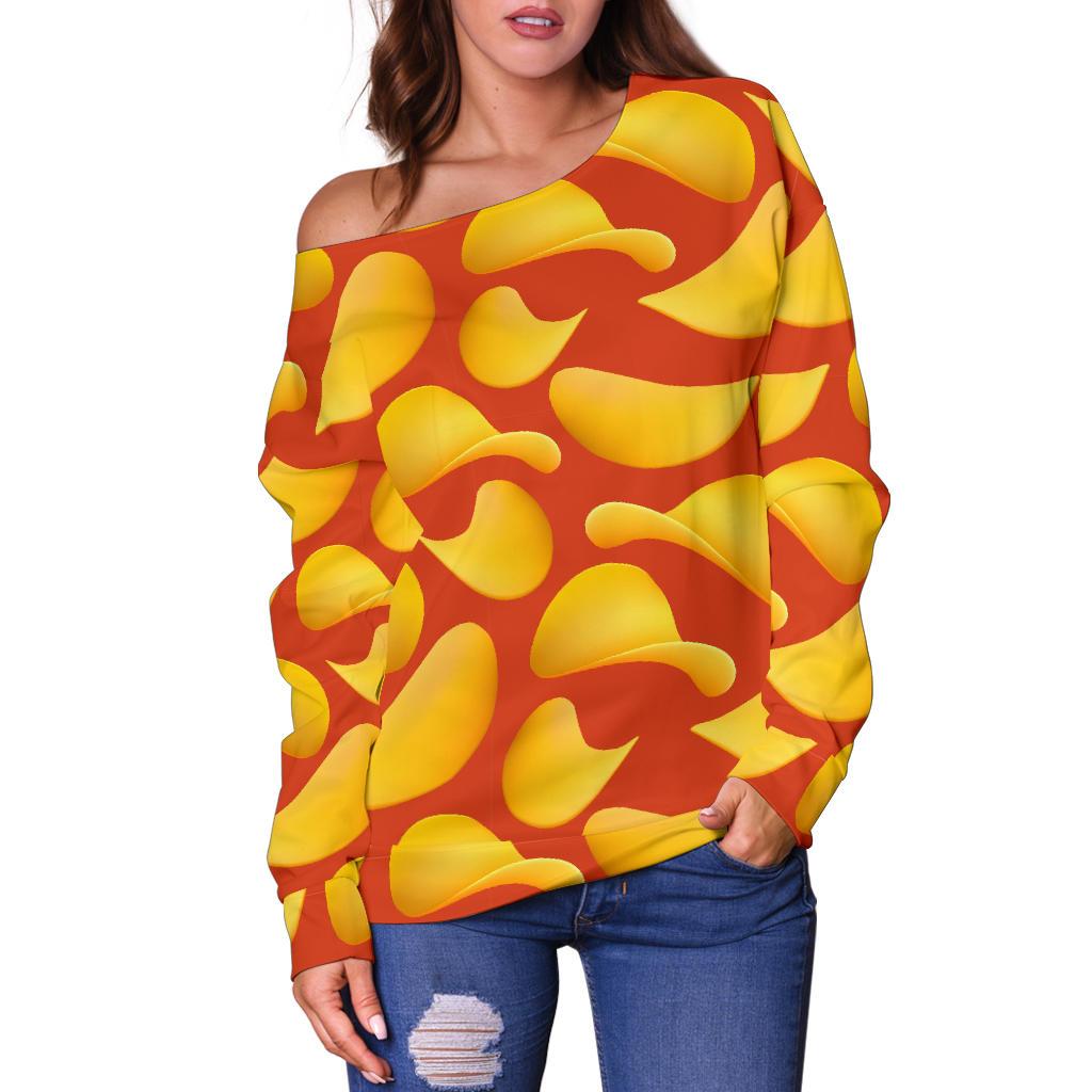 Potato Chip Print Pattern Women Off Shoulder Sweatshirt-grizzshop