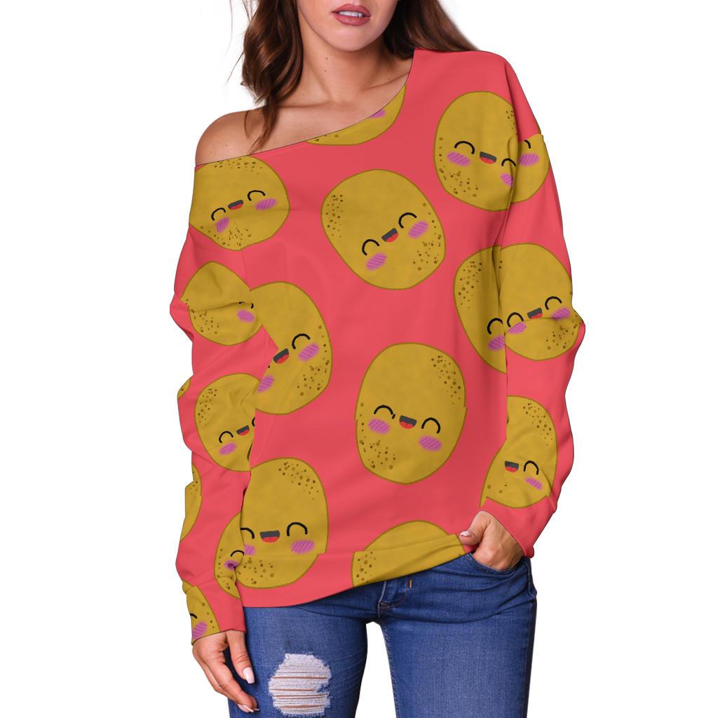 Potato Smile Pattern Print Women Off Shoulder Sweatshirt-grizzshop