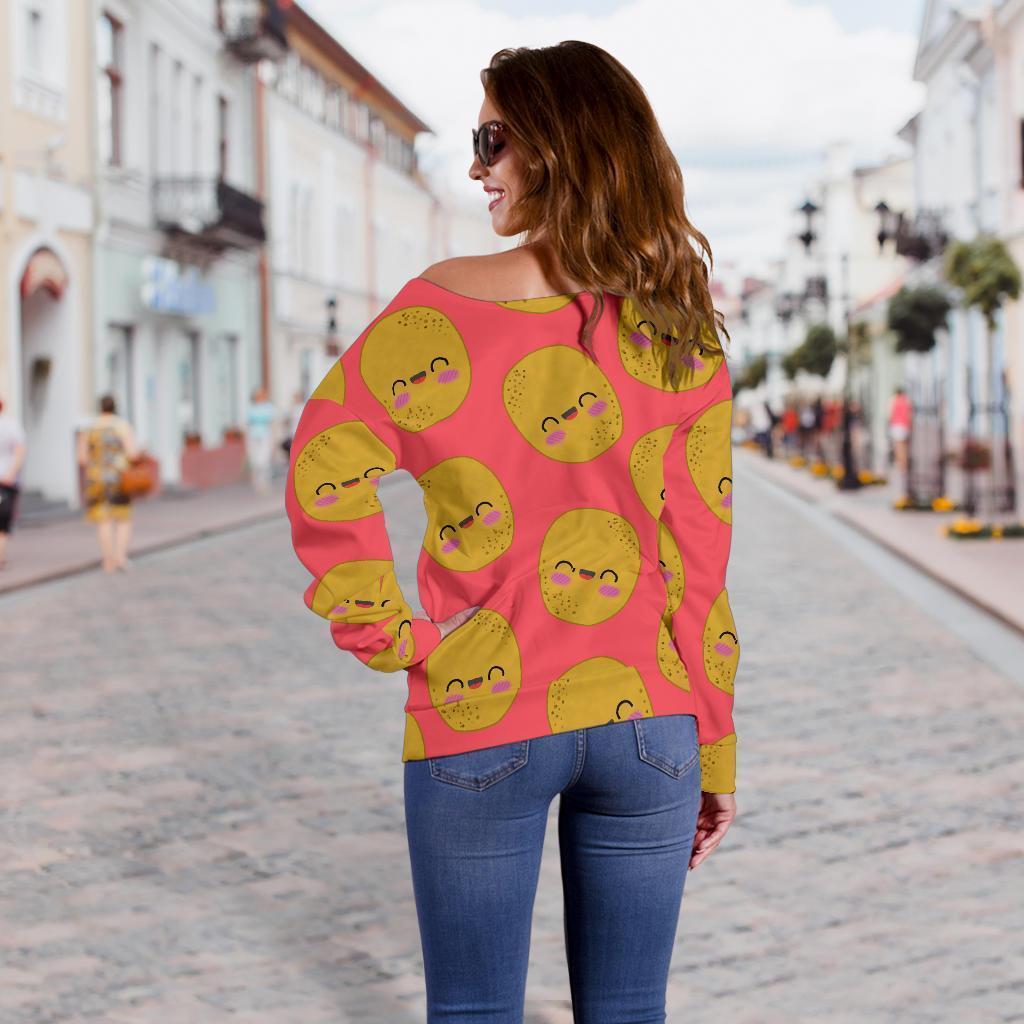 Potato Smile Pattern Print Women Off Shoulder Sweatshirt-grizzshop