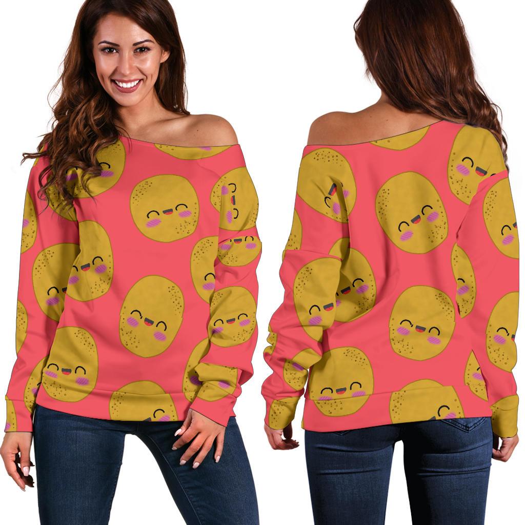 Potato Smile Pattern Print Women Off Shoulder Sweatshirt-grizzshop