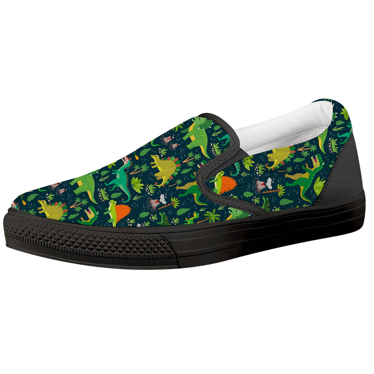 Prehistoric Plants And Dinosaur Print Black Slip On Shoes-grizzshop