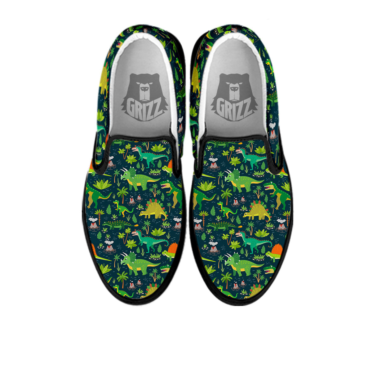 Prehistoric Plants And Dinosaur Print Black Slip On Shoes-grizzshop