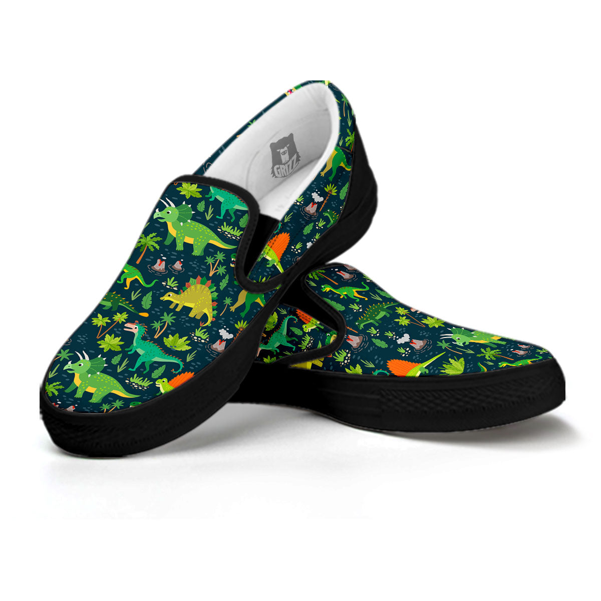 Prehistoric Plants And Dinosaur Print Black Slip On Shoes-grizzshop