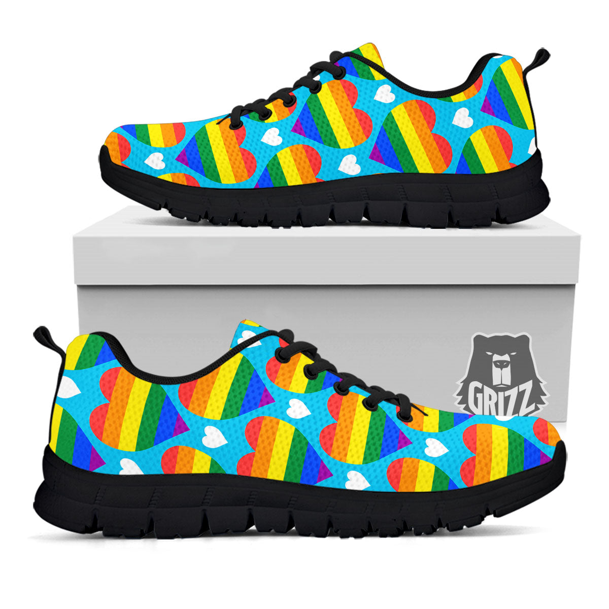 Pride Heart Rainbow LGBT Print Pattern Black Sneaker-grizzshop