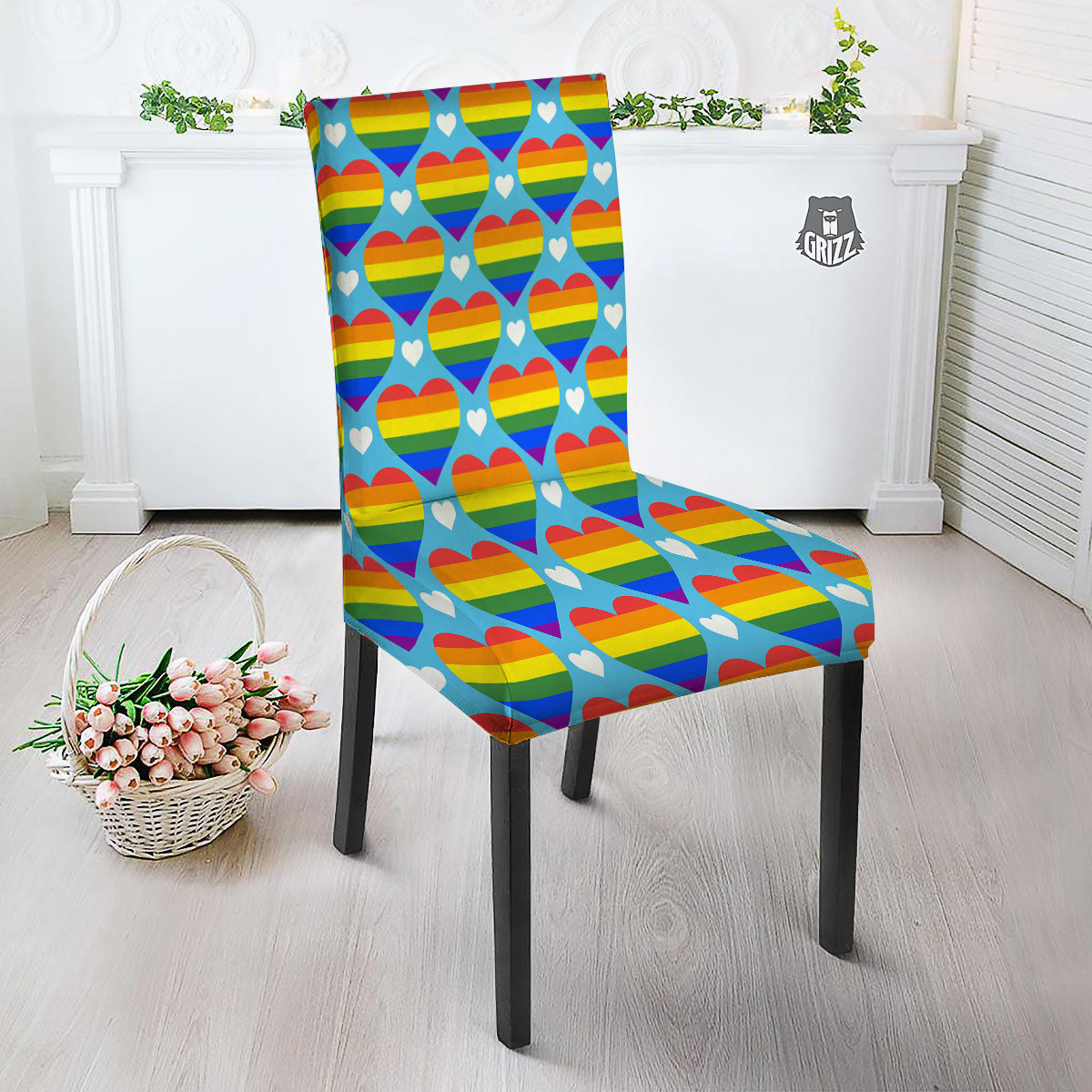 Pride Heart Rainbow LGBT Print Pattern Dining Chair Slipcover-grizzshop
