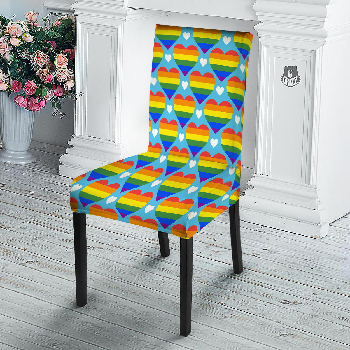 Pride Heart Rainbow LGBT Print Pattern Dining Chair Slipcover-grizzshop