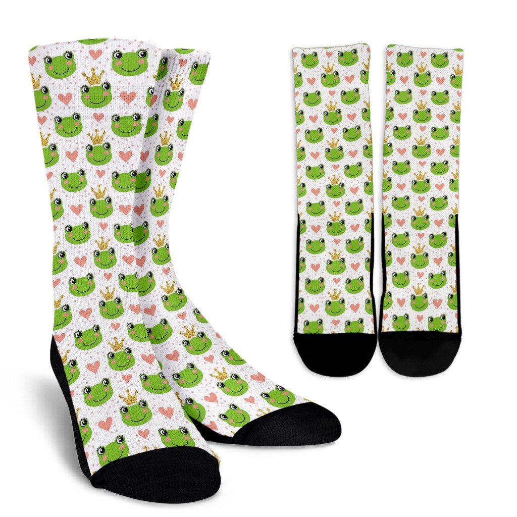 Prince Crown Frog Pattern Print Unisex Crew Socks-grizzshop
