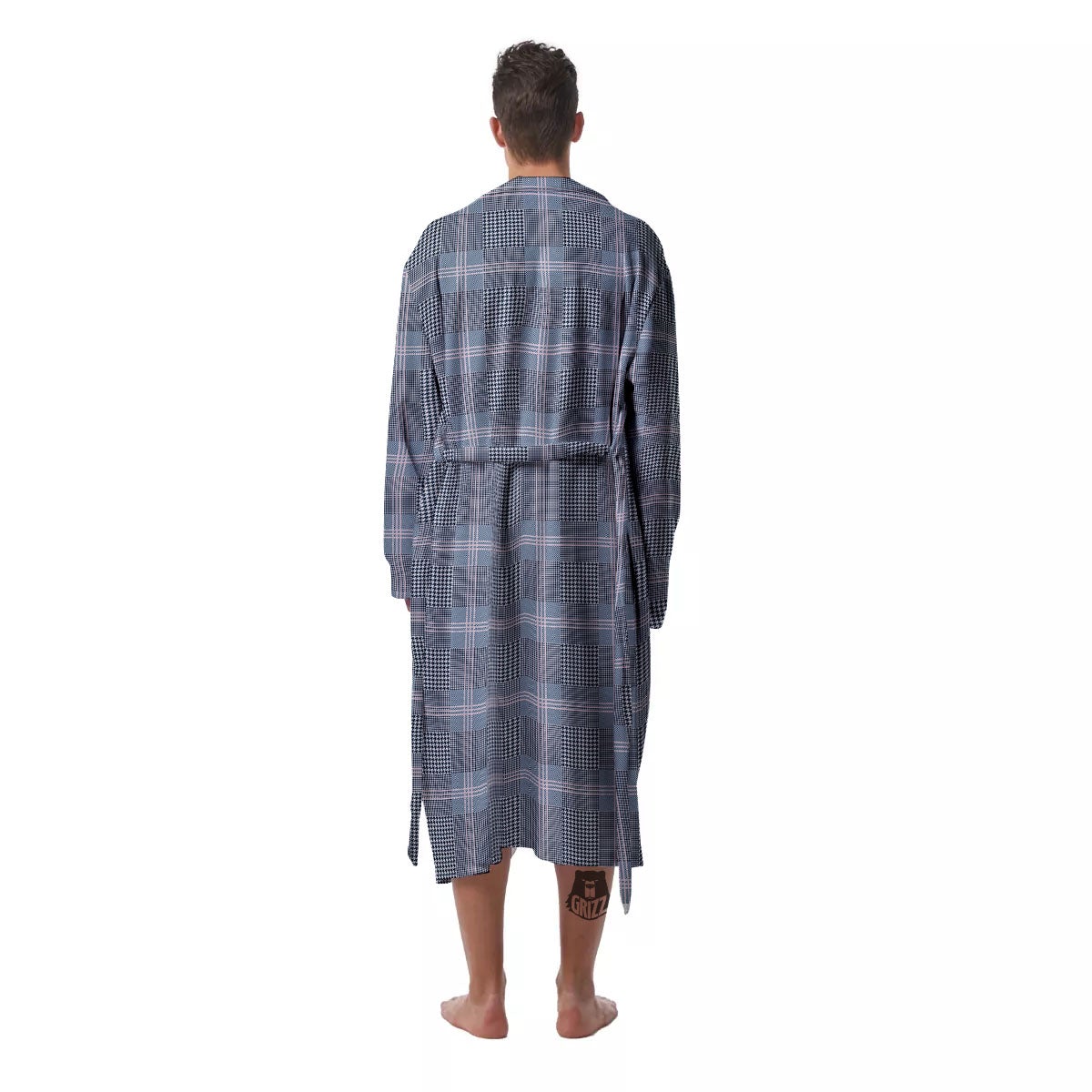 Prince of Wales Navy Blue Check Print Men's Robe-grizzshop