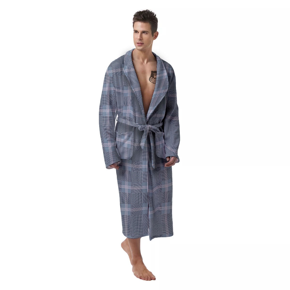 Prince of Wales Navy Blue Check Print Men's Robe-grizzshop