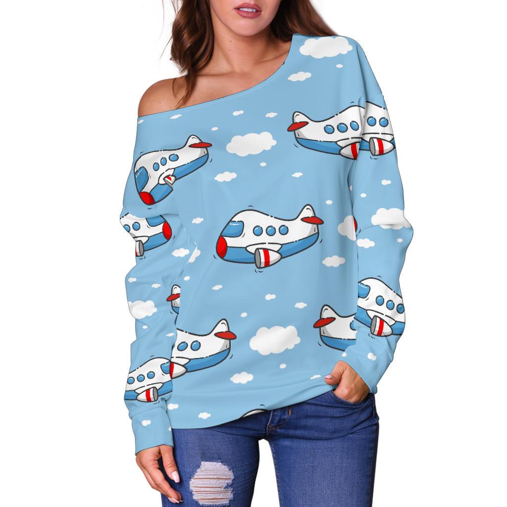 Print Airplane Pattern Women Off Shoulder Sweatshirt-grizzshop