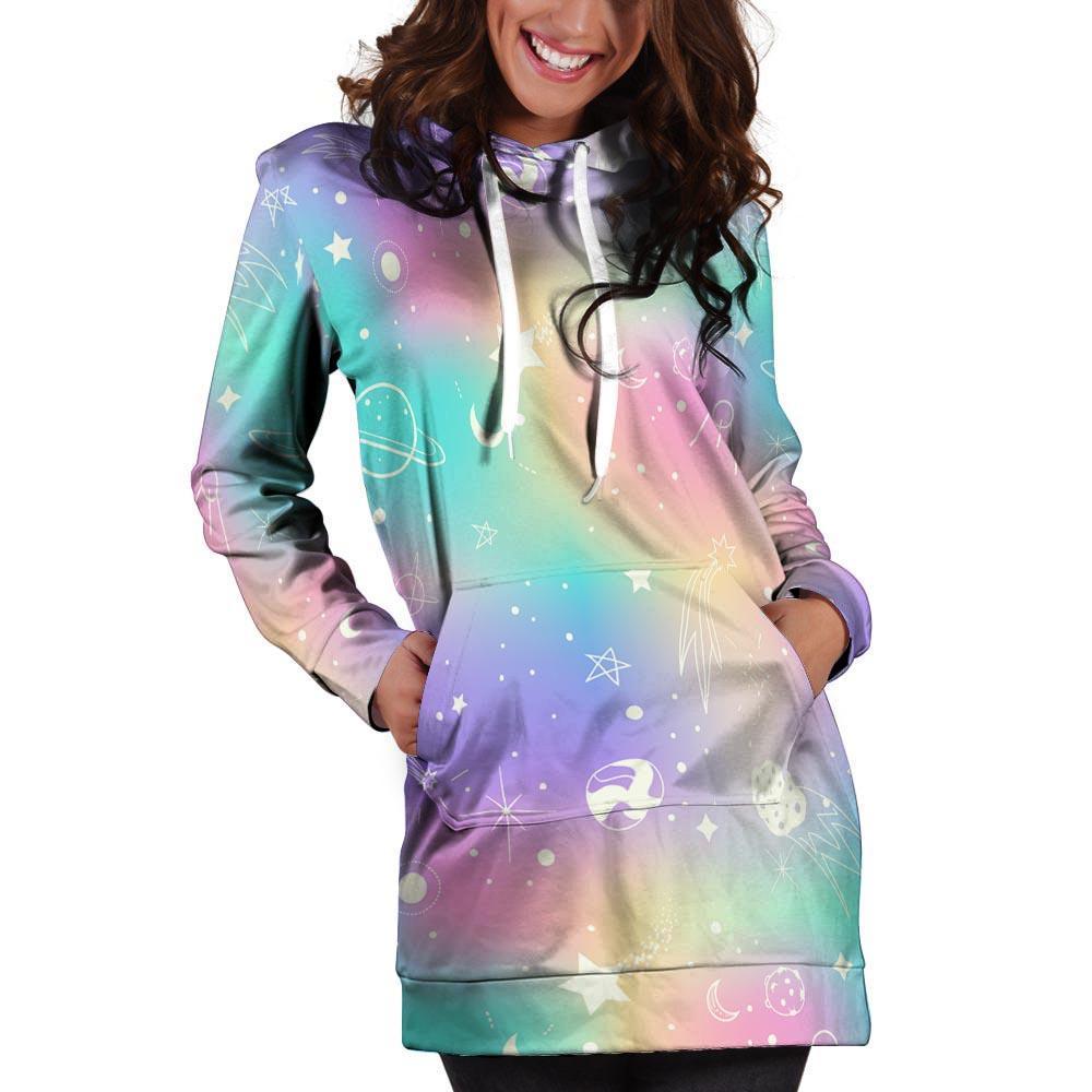 Print Holographic Hoodie Dress-grizzshop