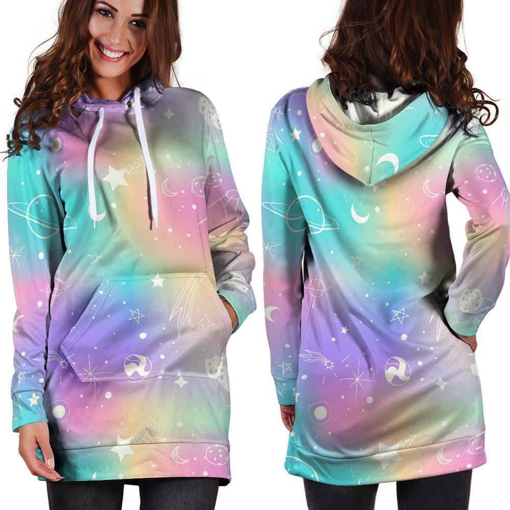 Print Holographic Hoodie Dress-grizzshop