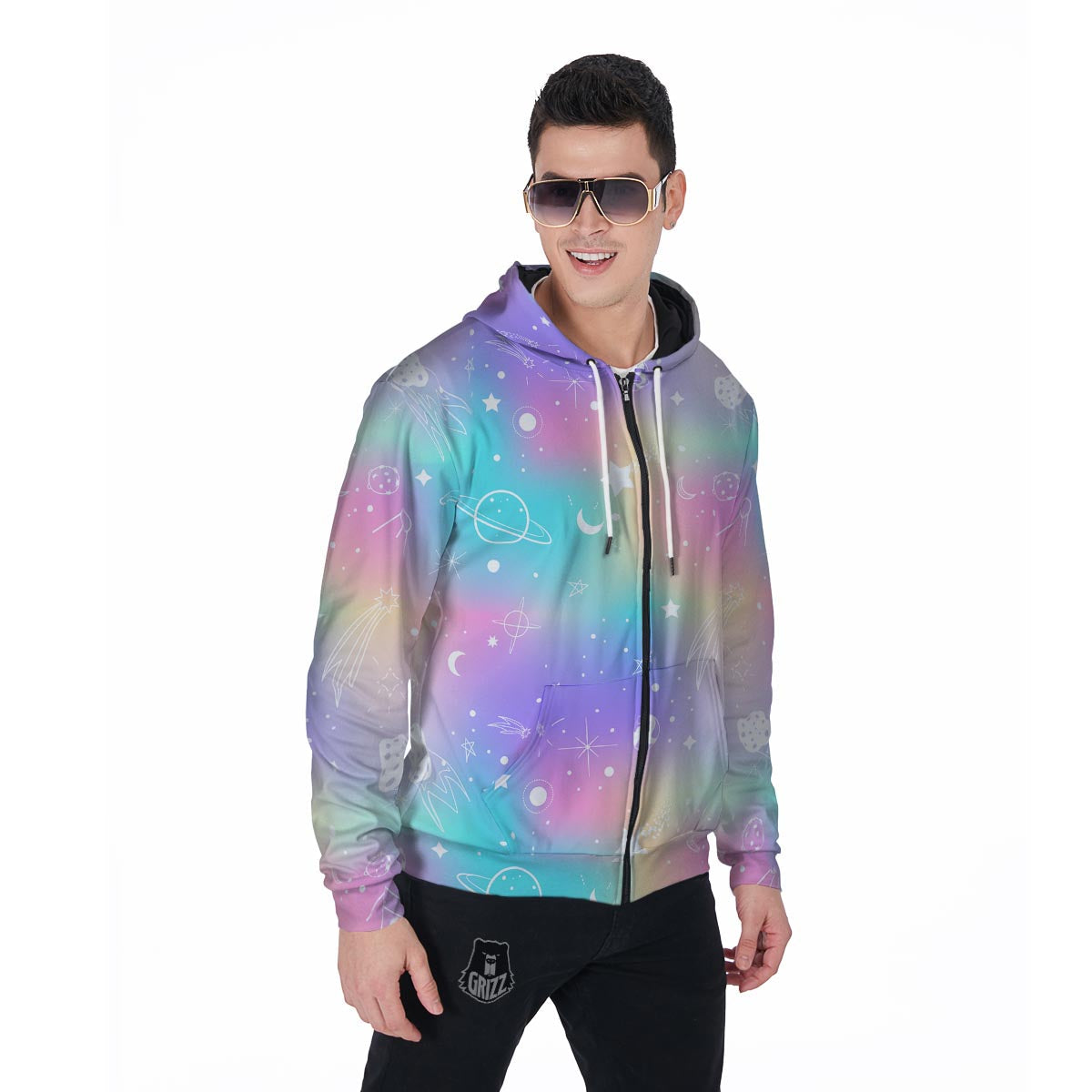 Print Holographic Men's Zip Up Hoodie-grizzshop