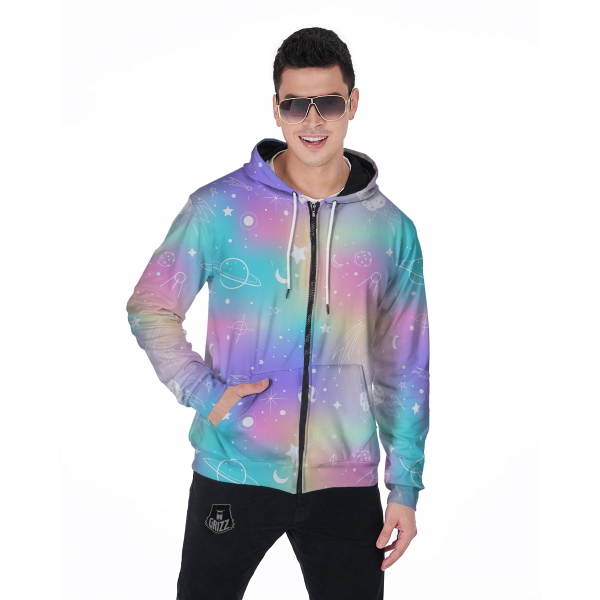 Print Holographic Men's Zip Up Hoodie-grizzshop