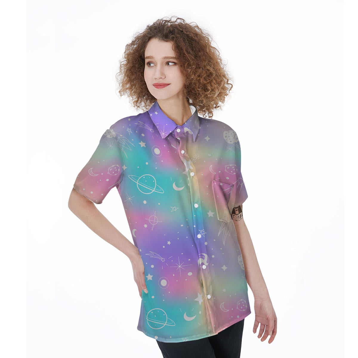 Print Holographic Women's Short Sleeve Shirts-grizzshop