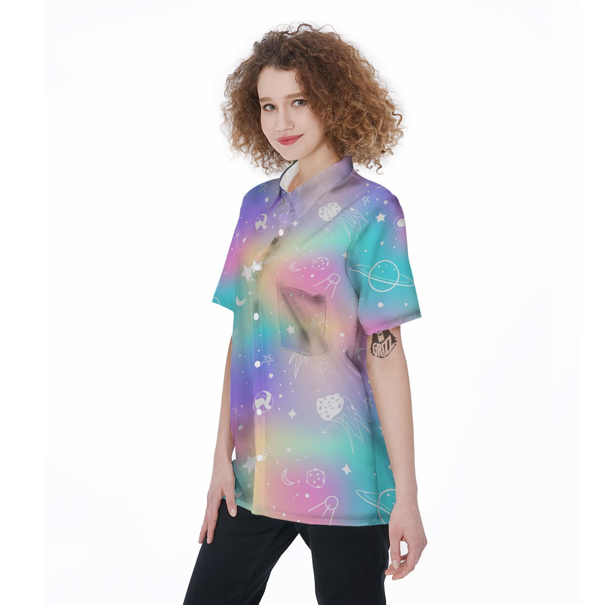 Print Holographic Women's Short Sleeve Shirts-grizzshop