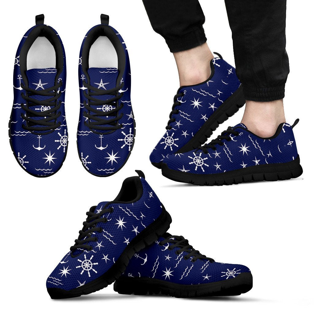 Print Pattern Anchor Nautical Black Sneaker Shoes For Men Women-grizzshop