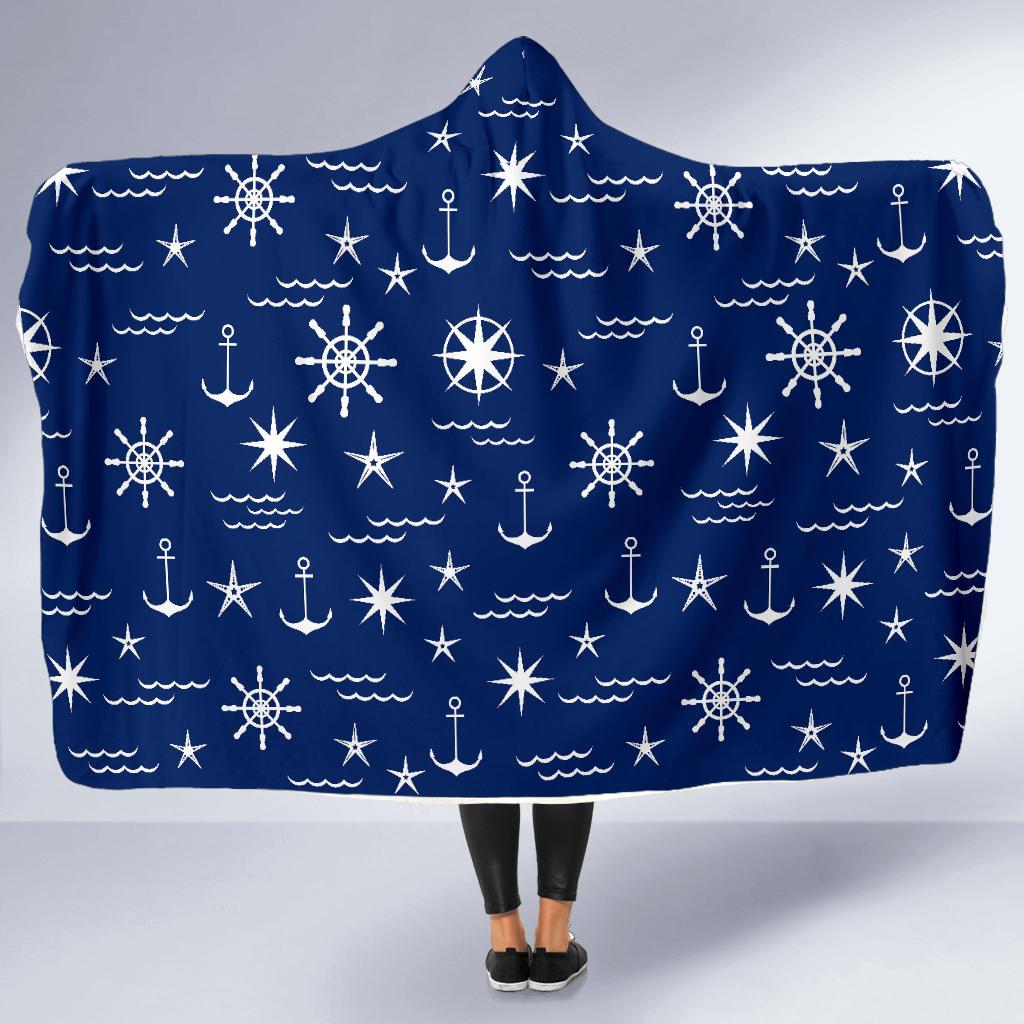 Print Pattern Anchor Nautical Hooded Blanket-grizzshop