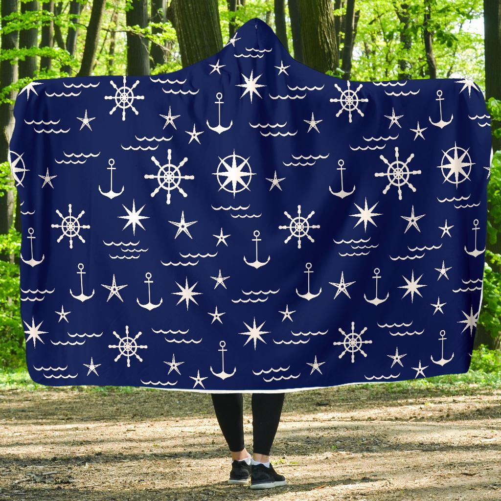 Print Pattern Anchor Nautical Hooded Blanket-grizzshop