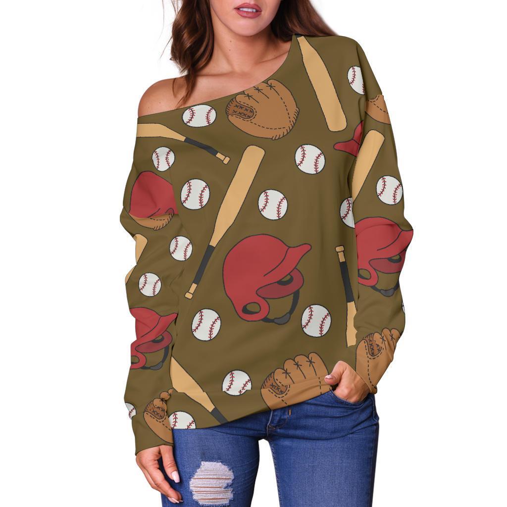 Print Pattern Baseball Women Off Shoulder Sweatshirt-grizzshop