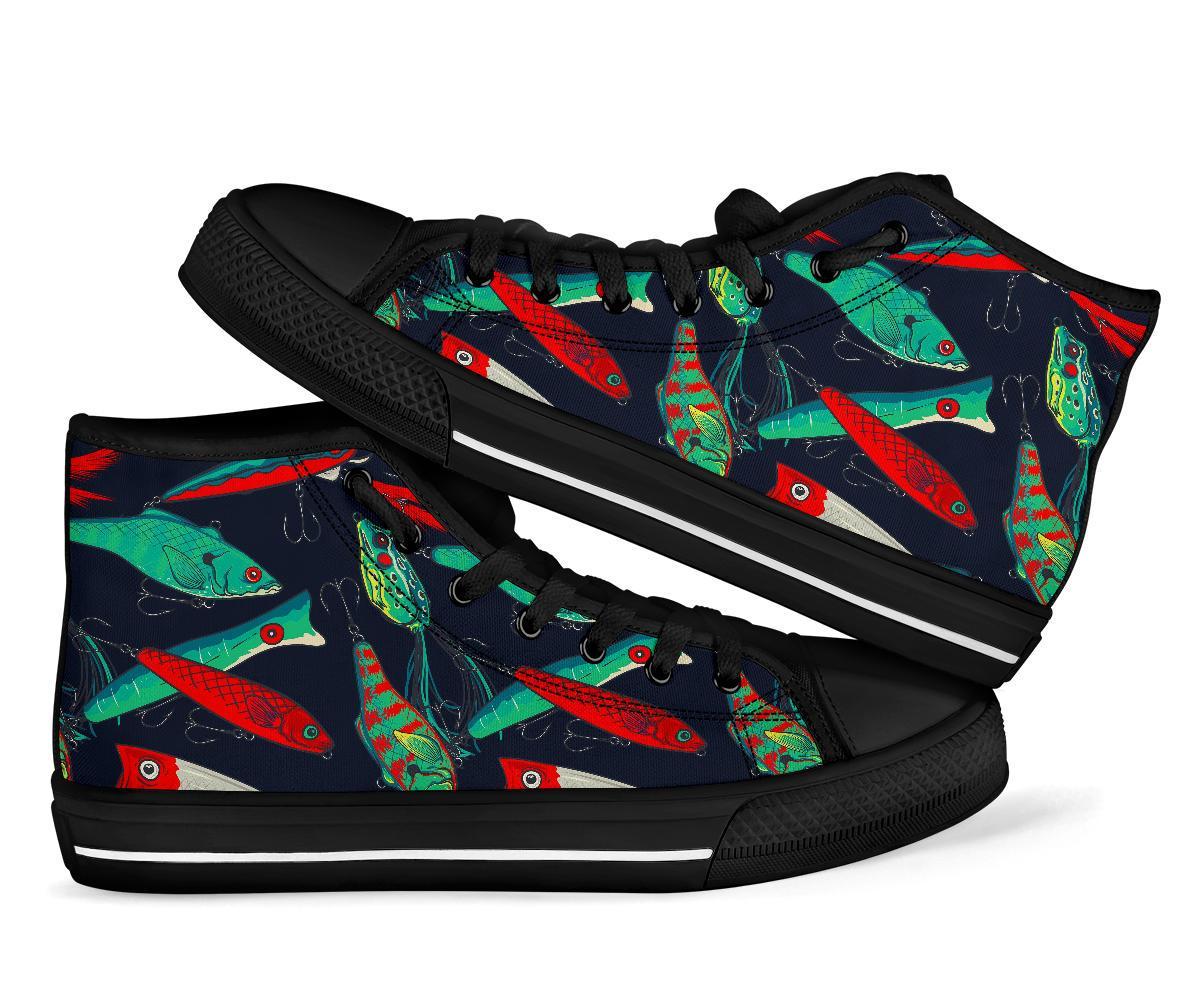 Print Pattern Bass Fishing Bait Men Women's High Top Shoes-grizzshop