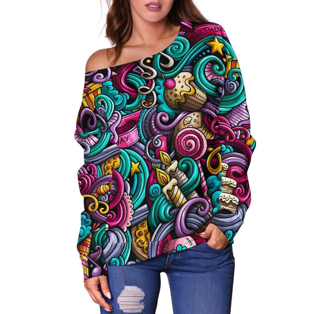 Print Pattern Birthday Women Off Shoulder Sweatshirt-grizzshop